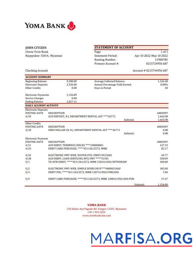 Realistic Myanmar Yoma bank statement excel example